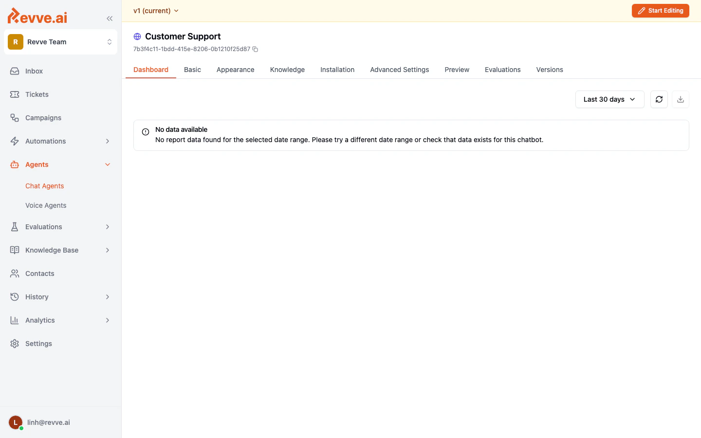 Chatbot dashboard showing all navigation tabs
