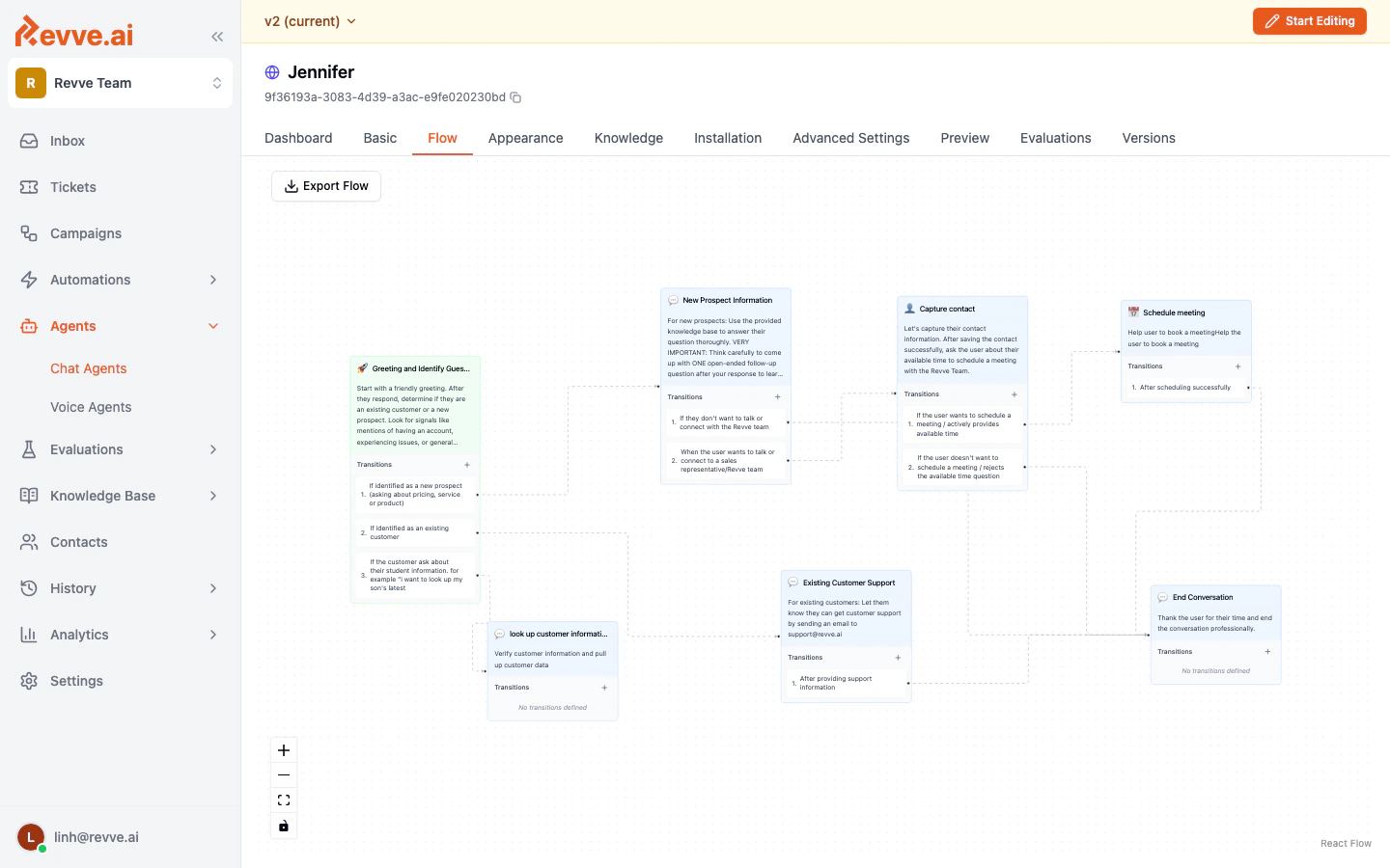 Flow editor showing a multi-node conversation design