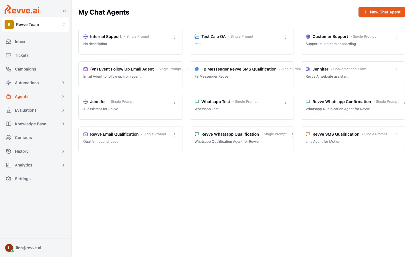 Chat Agents list showing all your agents with their channel type and engine type