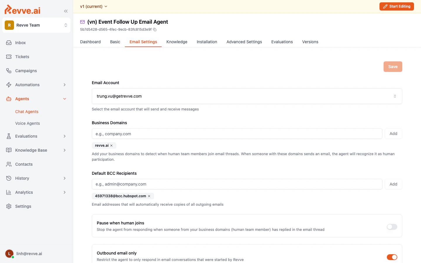 Email Settings tab showing email account, business domains, BCC recipients, and behavior toggles