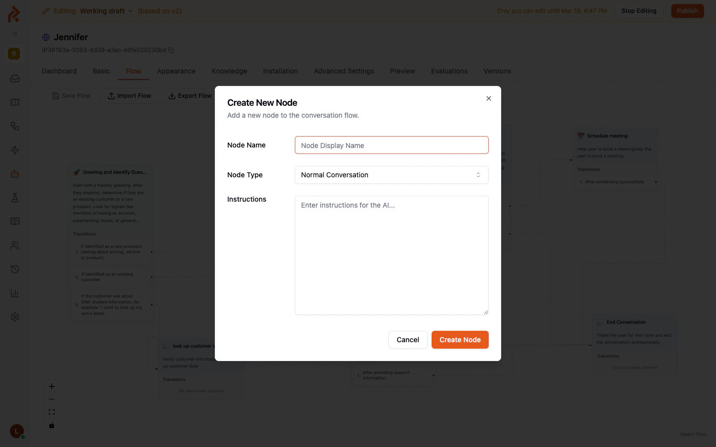 The Create New Node dialog with fields for name, type, and instructions