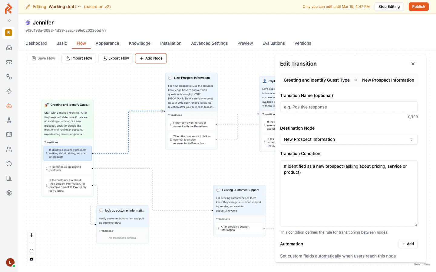 The Edit Transition panel showing source node, destination, condition, and automation fields