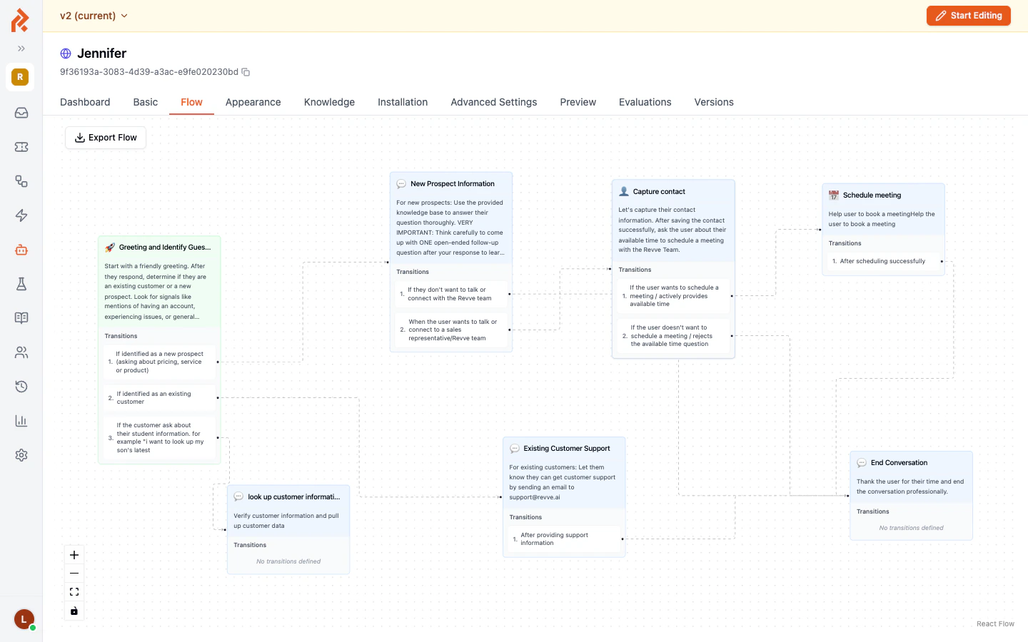 The Conversational Flow editor showing nodes connected by transition arrows