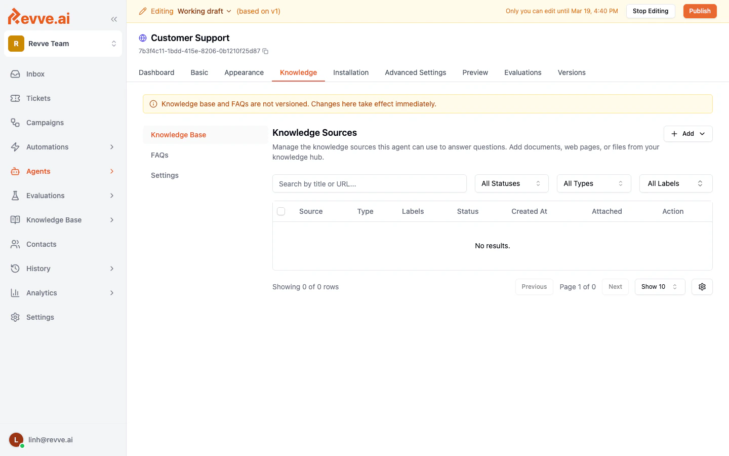 The Knowledge tab inside a chat agent in editing mode, with the Add button enabled