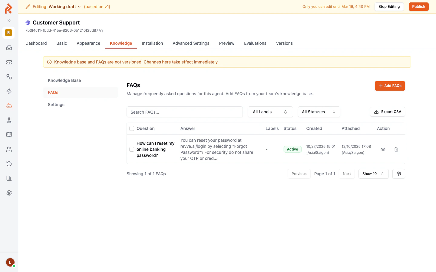 The FAQs sub-tab within a chat agent's Knowledge tab, showing attached FAQs