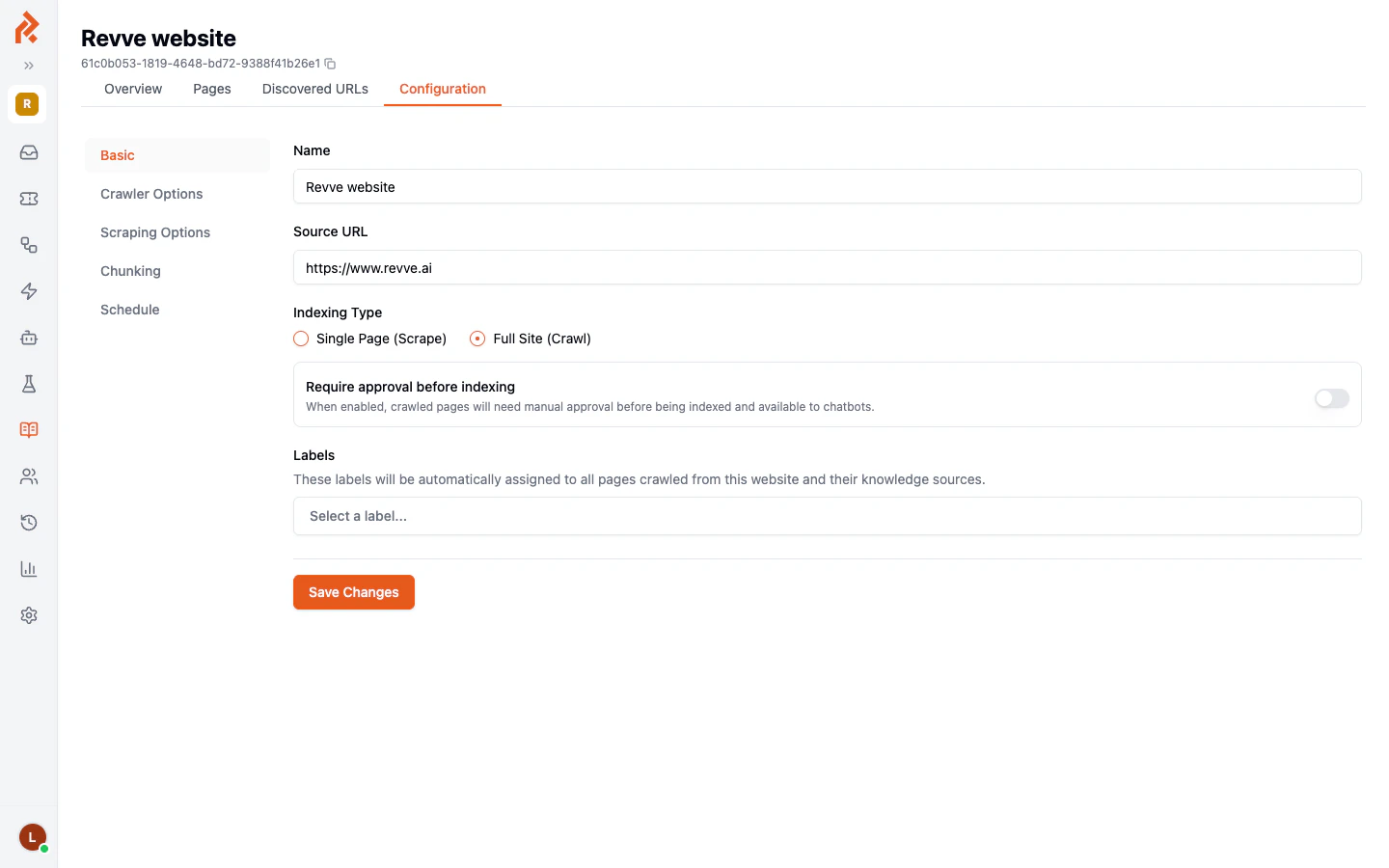 Crawler configuration showing name, source URL, indexing type, approval settings, and labels