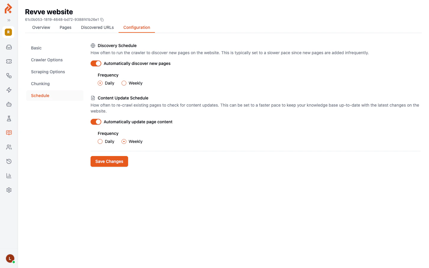 Crawler schedule settings showing Discovery Schedule and Content Update Schedule