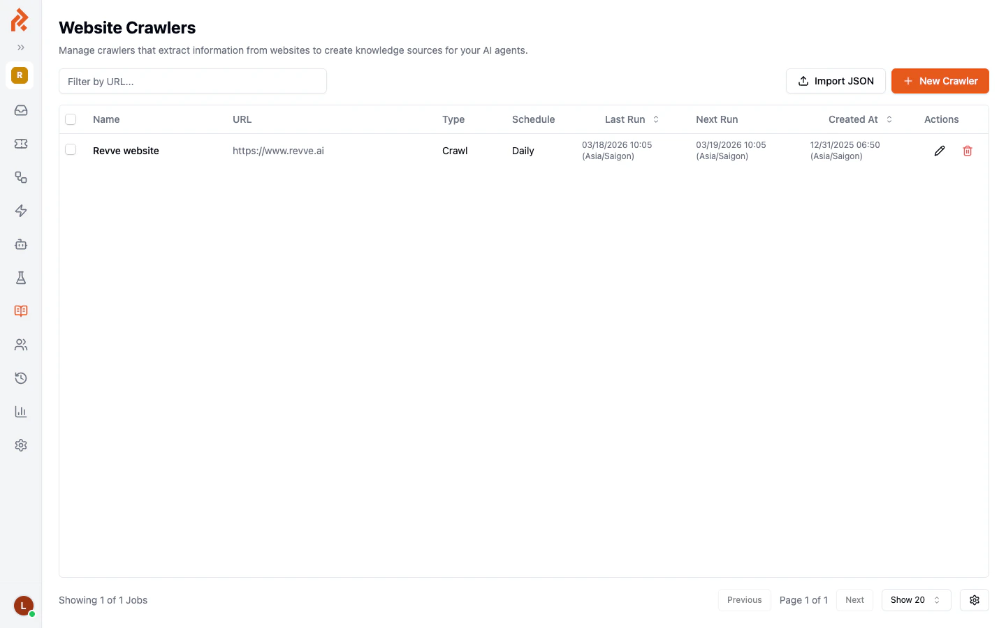 The Website Crawlers page showing a configured crawler with its URL, type, schedule, and run history