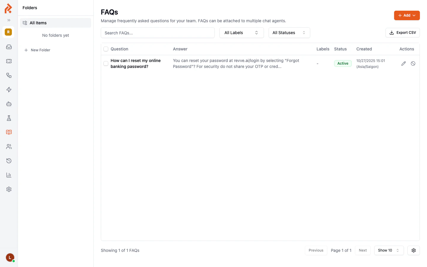 The global FAQs page showing the FAQ list with question, answer, labels, status, and action columns