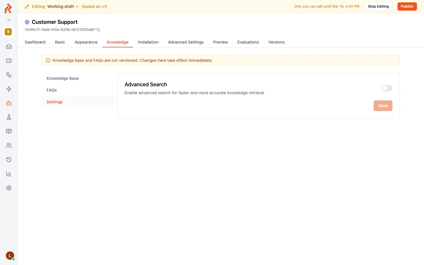 The Knowledge Settings tab showing the Advanced Search toggle