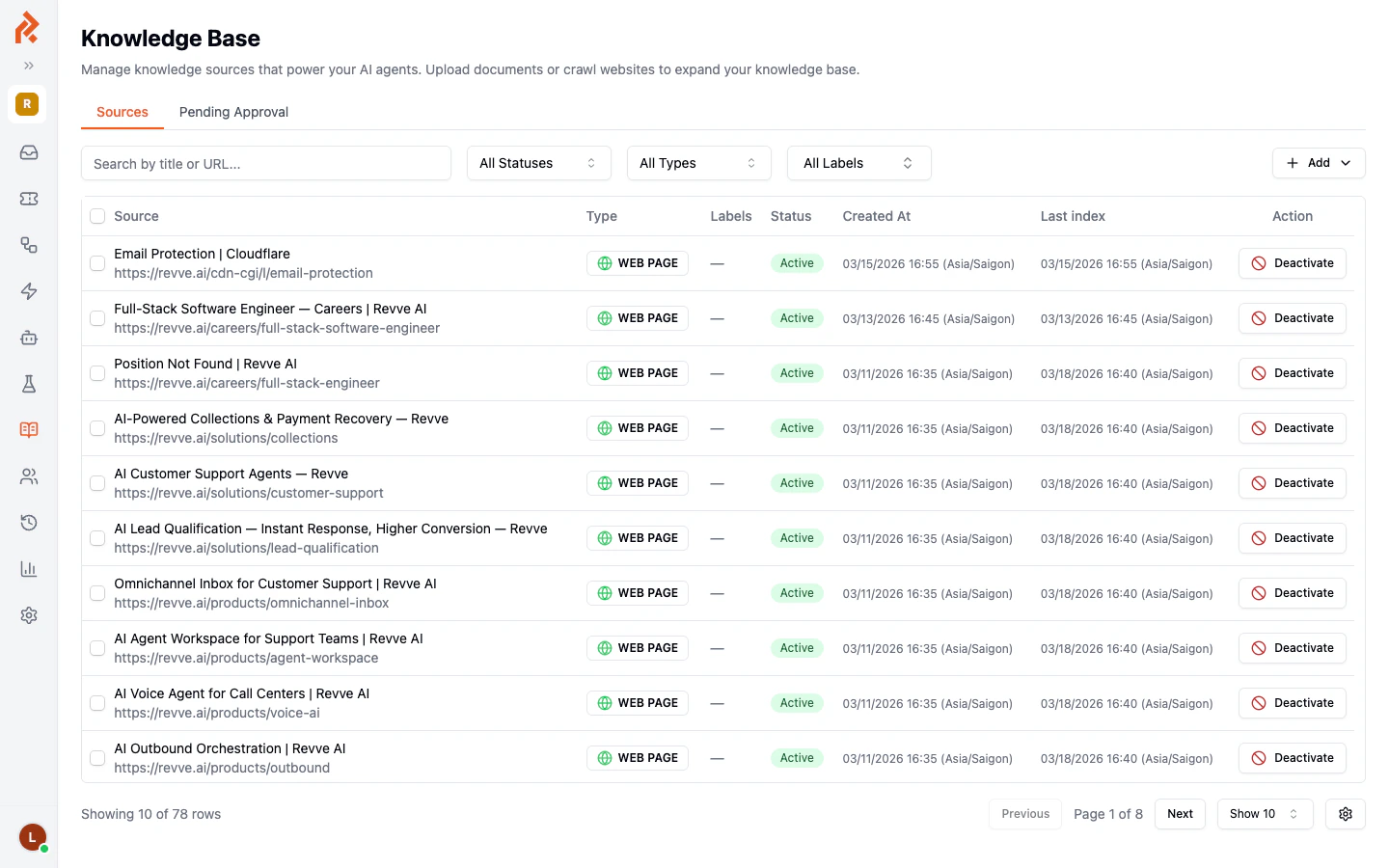 The global Knowledge Base showing a list of web page sources with their titles, URLs, types, statuses, and dates