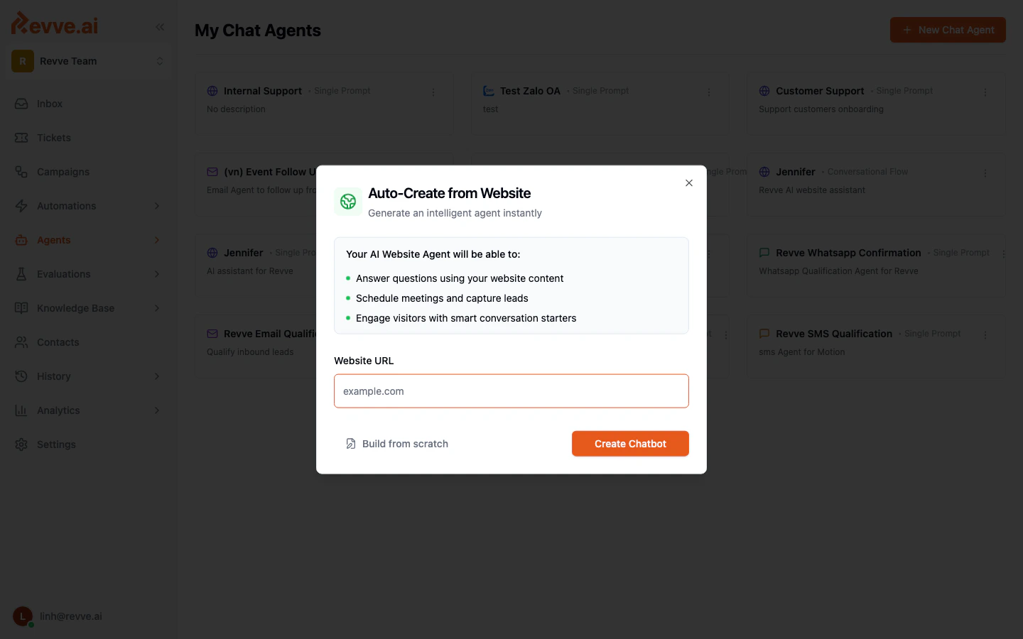 Auto-Create from Website dialog — enter your URL and Revve generates an agent automatically