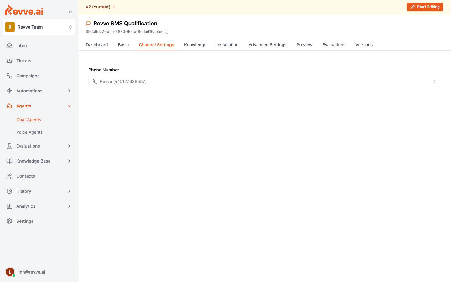 SMS Channel Settings showing the phone number dropdown