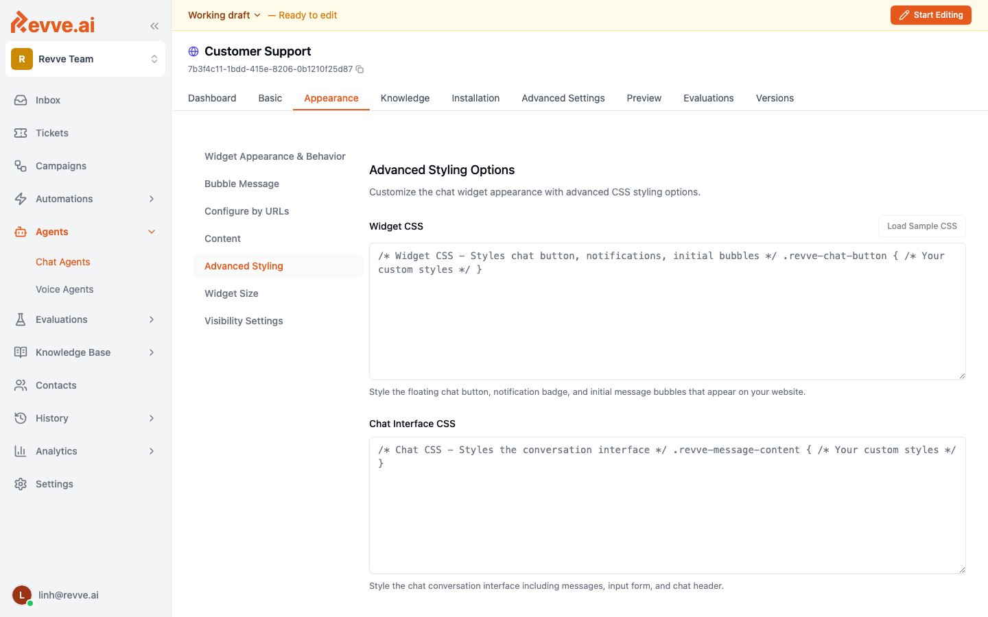 Advanced Styling Options with Widget CSS and Chat Interface CSS editors