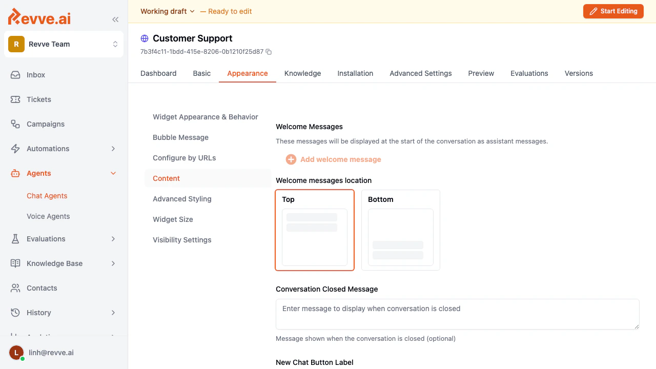 Welcome Messages and Conversation Starters on the Appearance Content tab