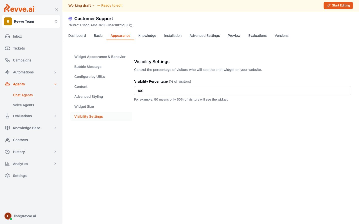 Visibility Settings with percentage control
