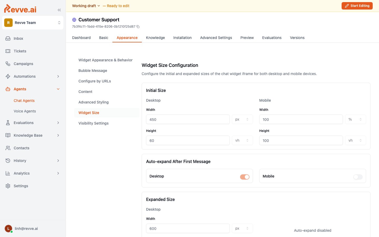 Widget Size Configuration showing initial size, auto-expand, and expanded size settings