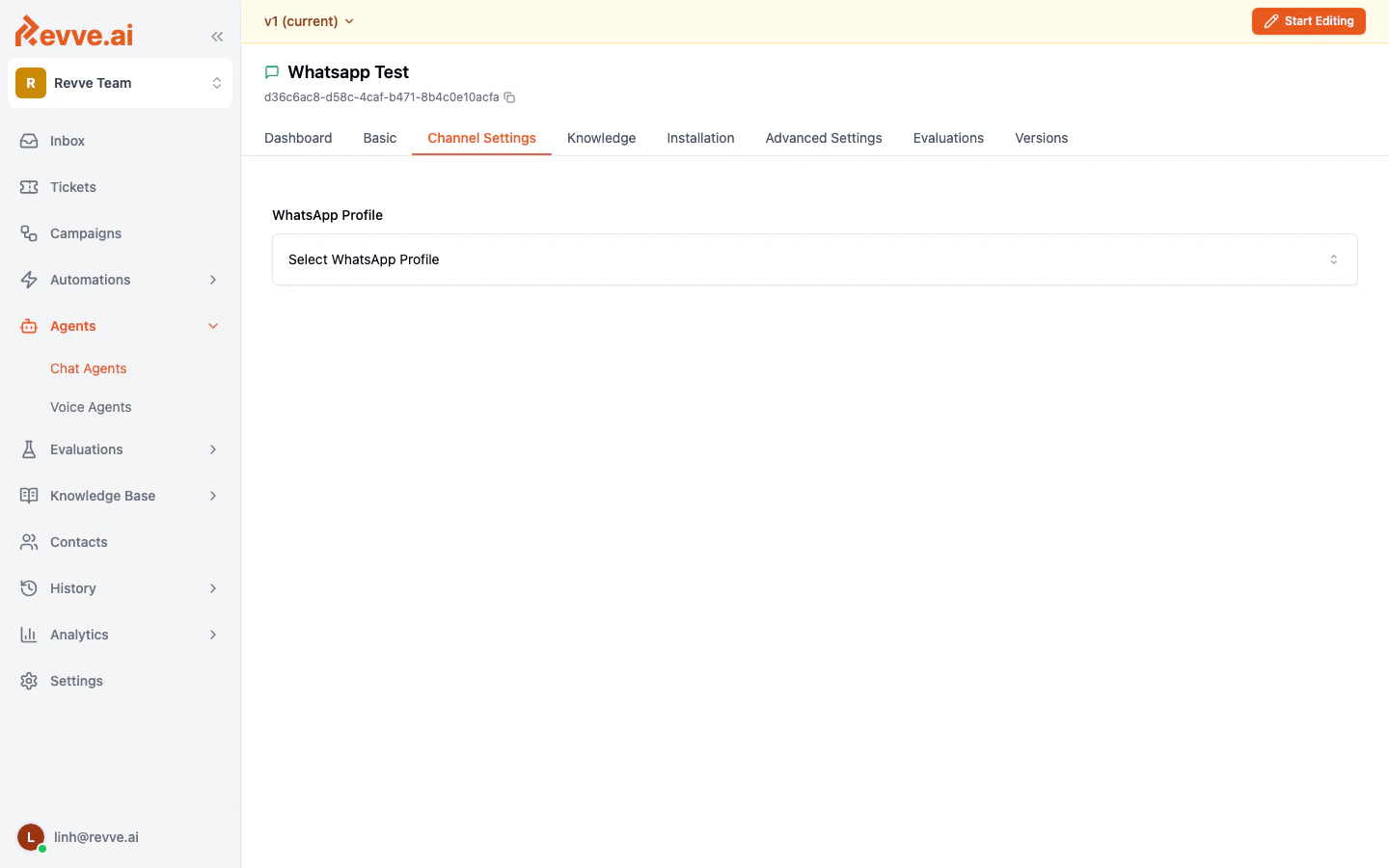 WhatsApp Channel Settings showing the WhatsApp Profile dropdown
