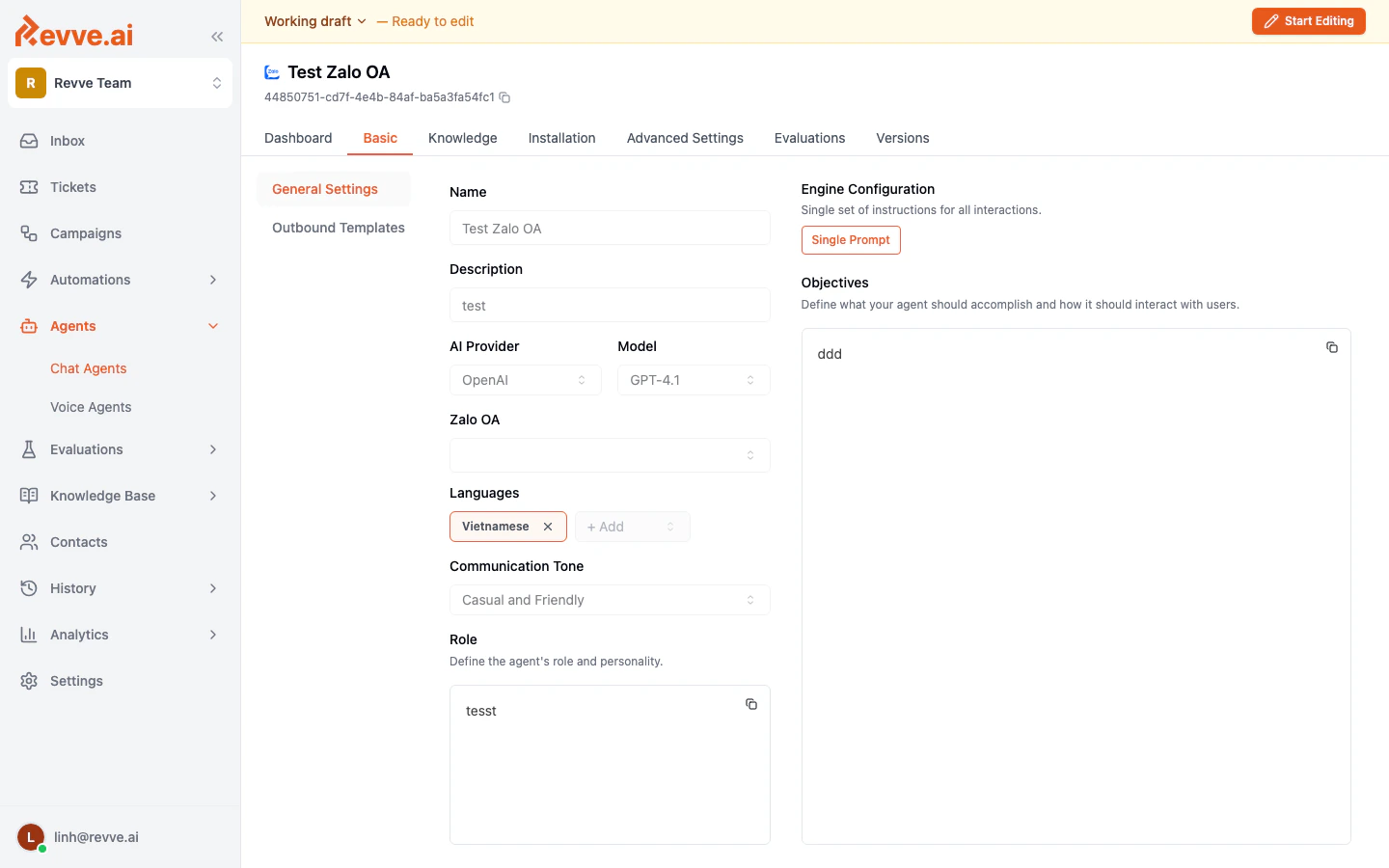Zalo chatbot Basic tab showing the Zalo OA dropdown and general settings