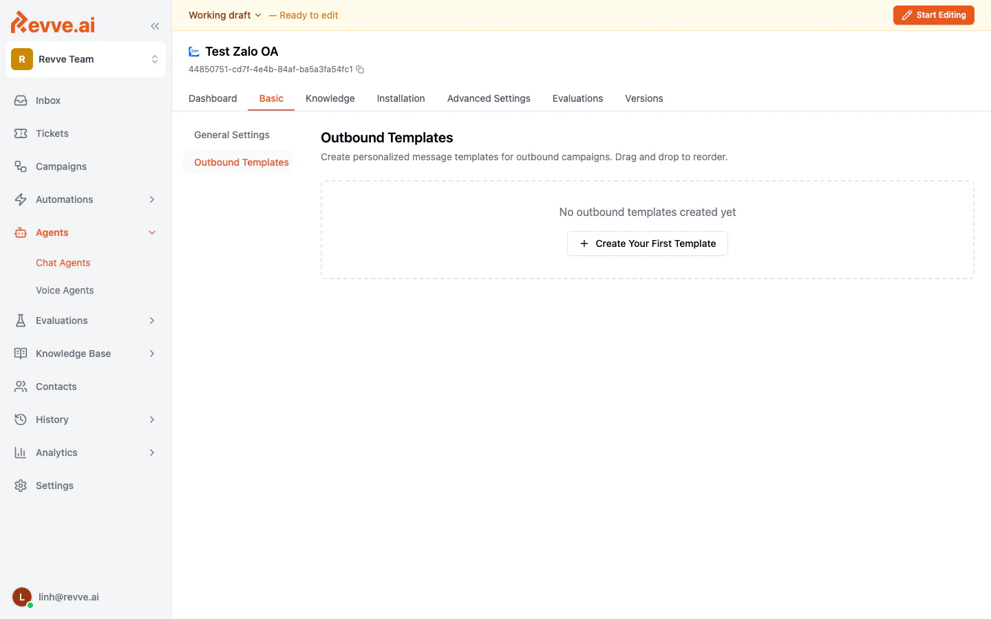 Outbound Templates section for creating campaign message templates