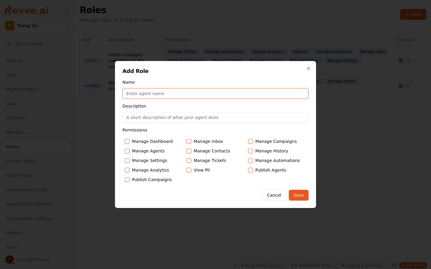 Add Role dialog with Name and Description fields and a grid of permission checkboxes