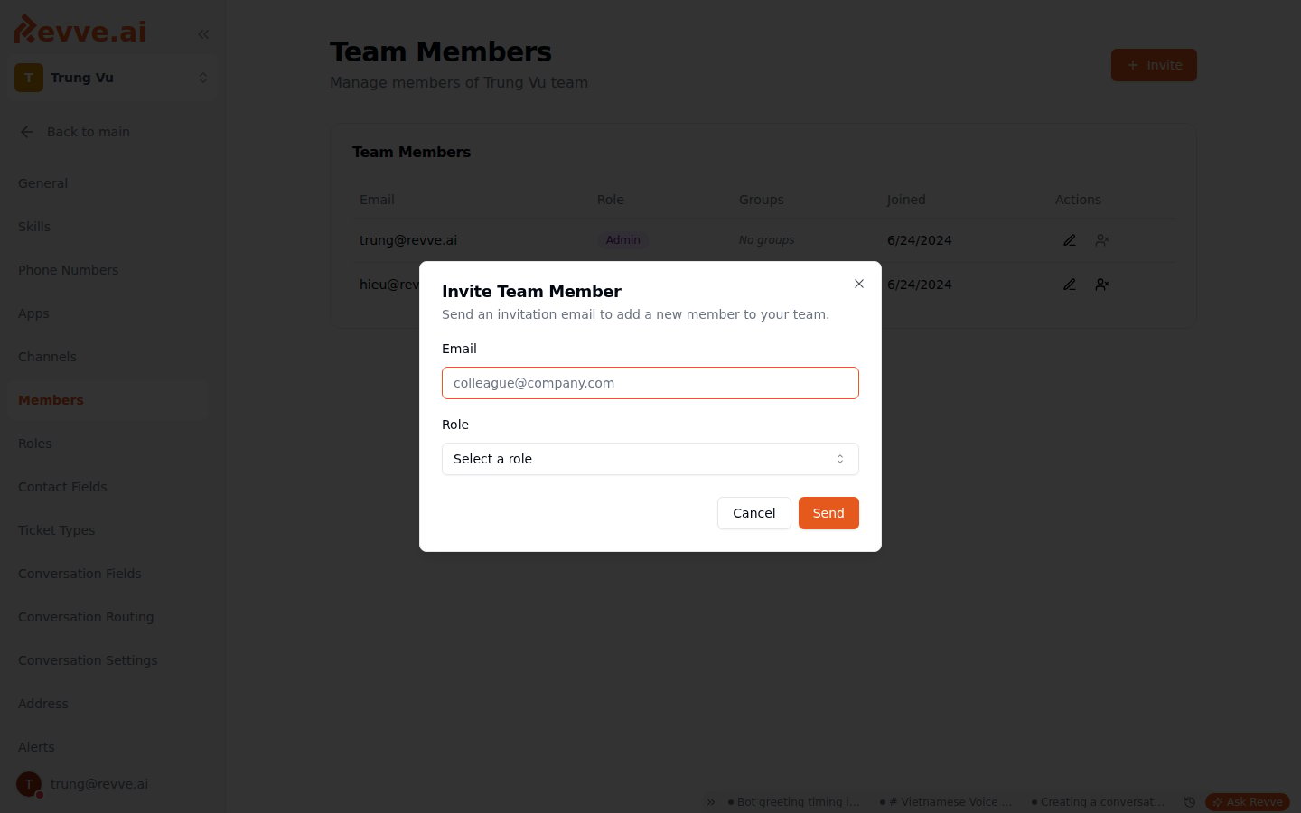 Invite/Add Team Member dialog with Email and Role fields, and Group Assignments shown for direct-add mode