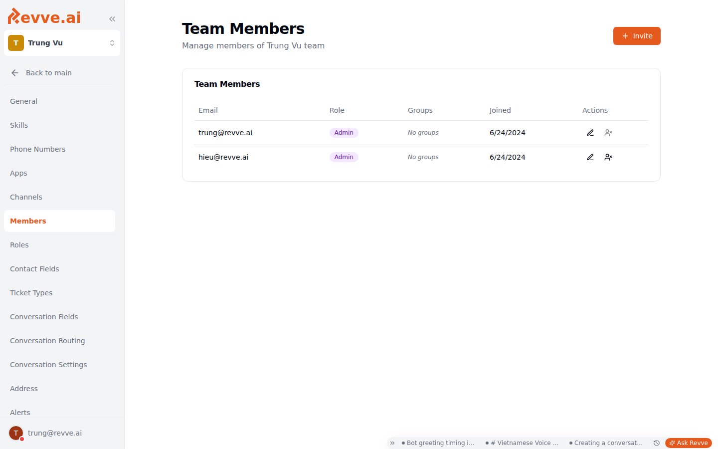 Members table listing team members with their email, role, groups, and join date, plus a pending invitations table below