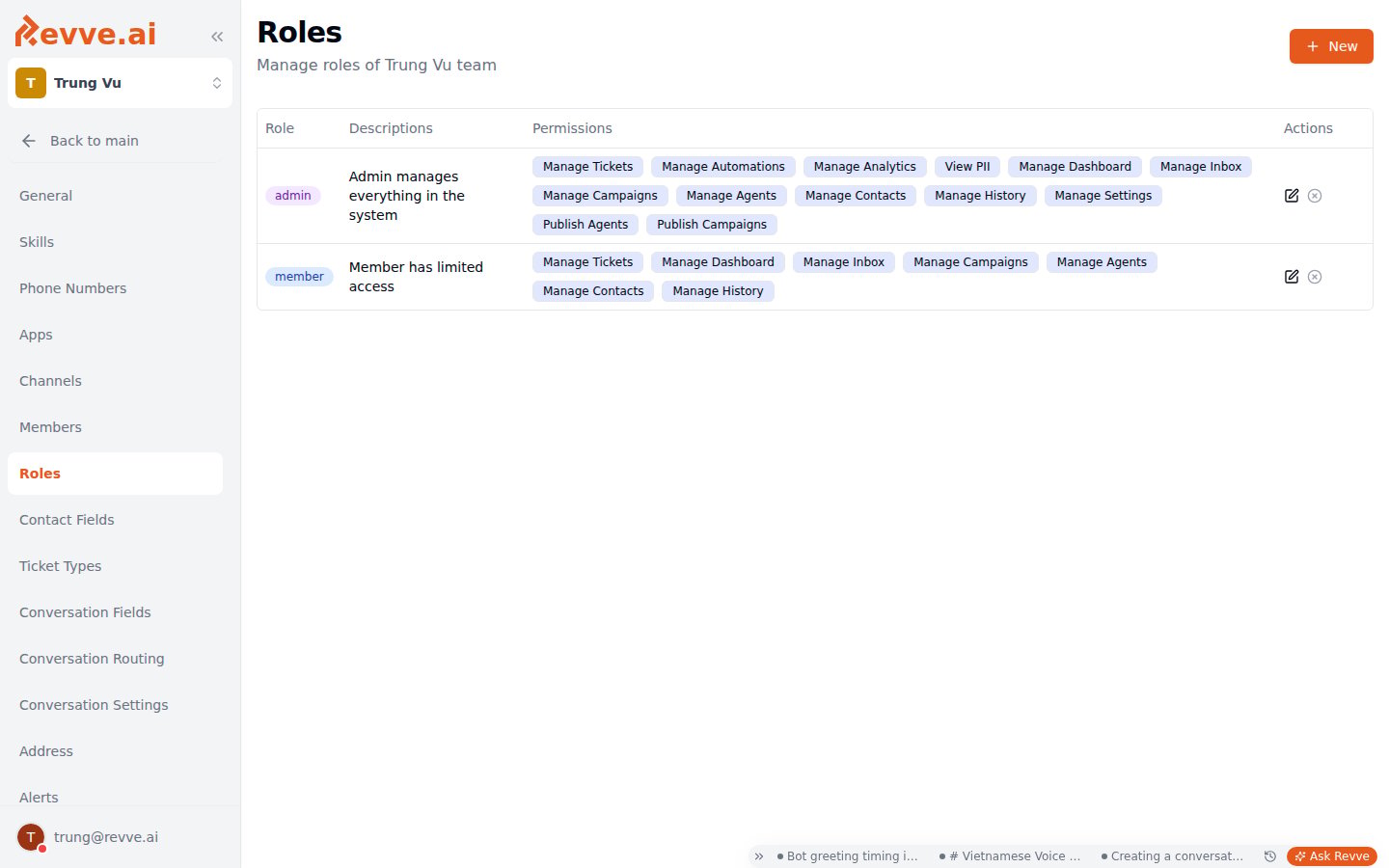 Roles table showing the admin and member default roles alongside custom roles, with a permissions summary and edit/delete actions per row