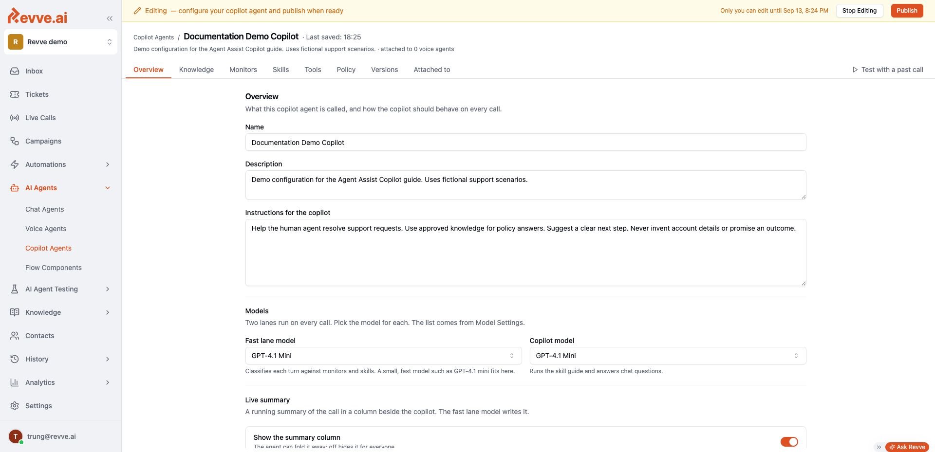 Copilot Agent Overview in the Revve demo workspace, with instructions, model choices, and the live summary setting