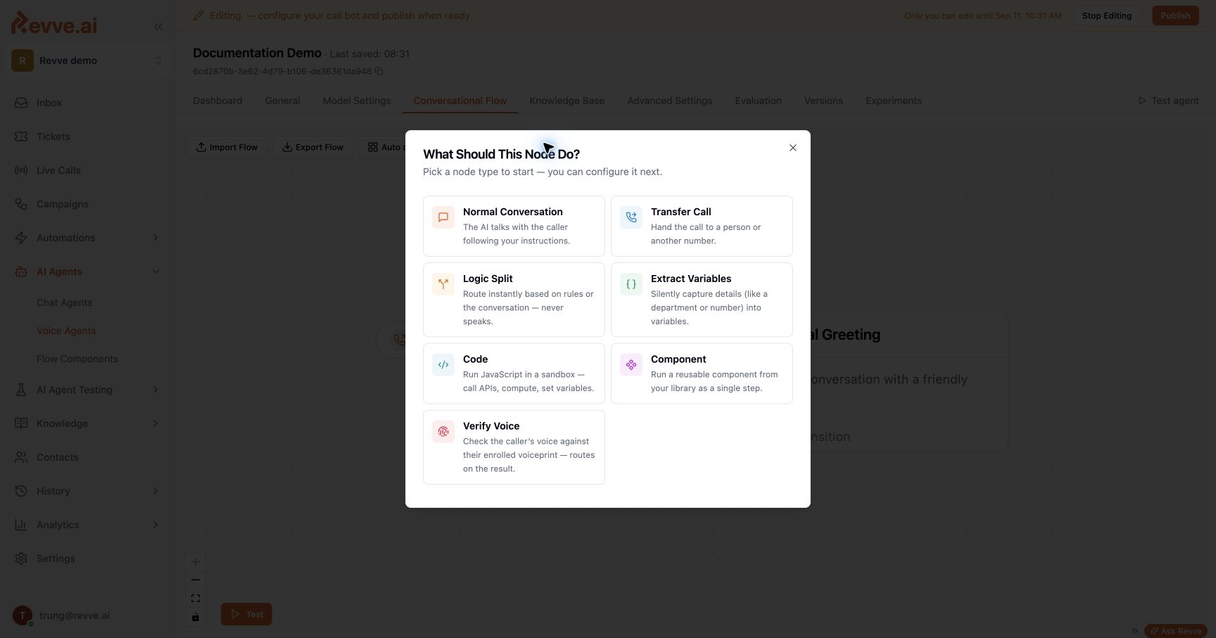 Voice-flow node picker in the Revve demo workspace, showing Normal Conversation, Transfer Call, Logic Split, Extract Variables, Code, Component, and Verify Voice.