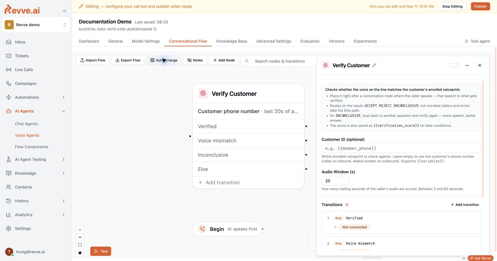 Verify Customer node in the Revve demo workspace, showing Customer ID, a 20-second Audio Window, and verification result paths.