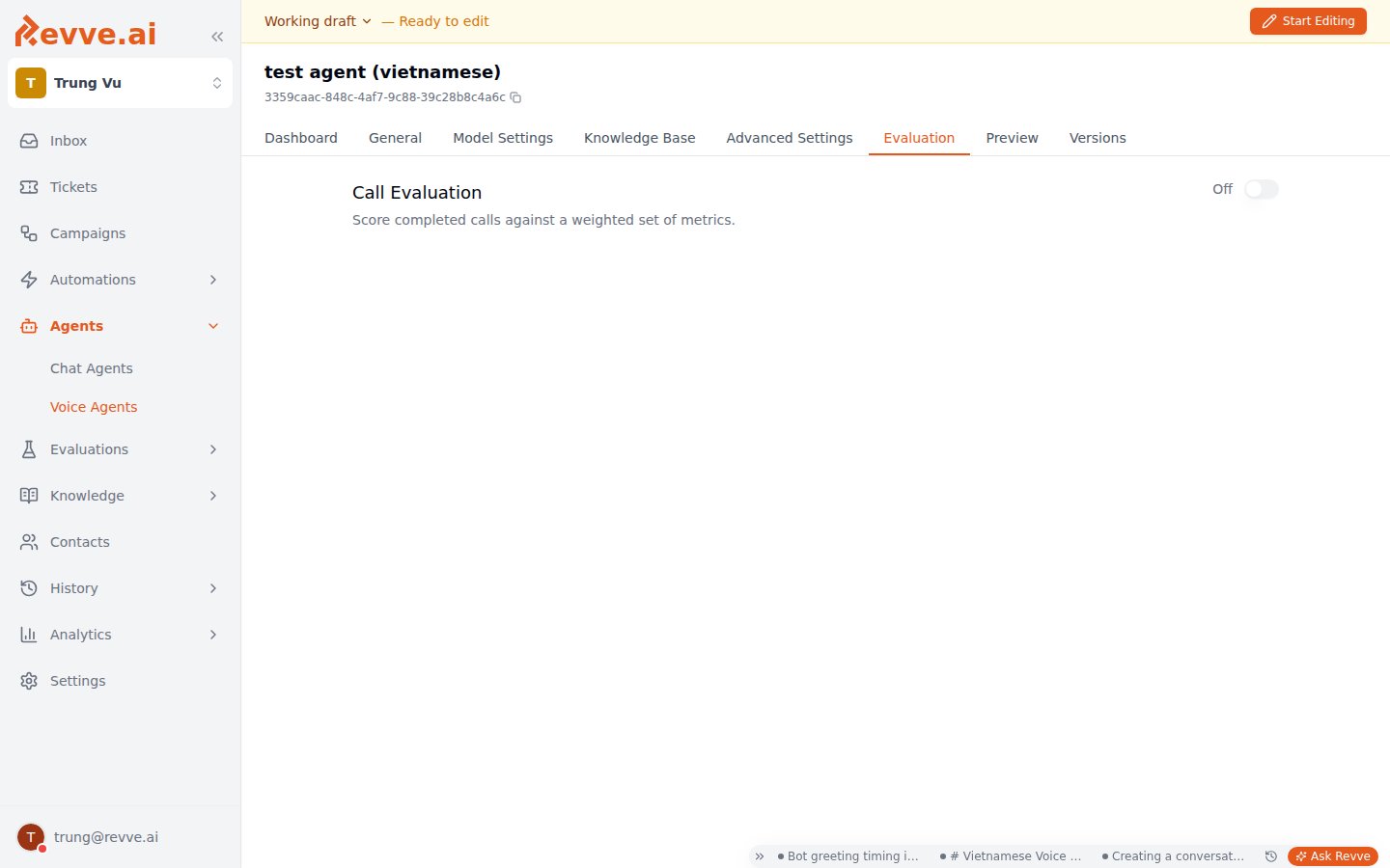 The Evaluation tab in a Voice Agent, showing the Call Evaluation header and the Enable toggle in its default off state