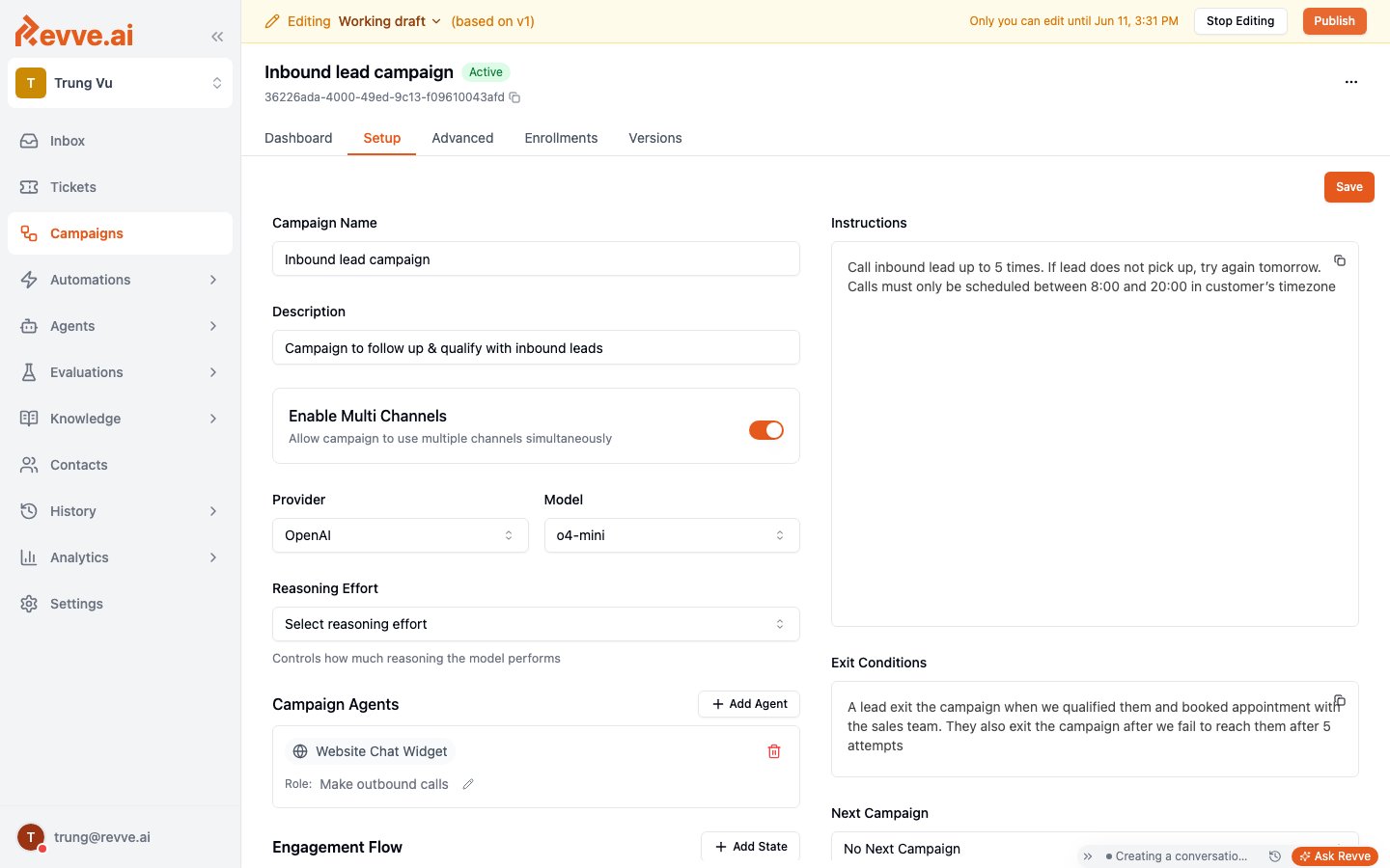Campaign in editing mode showing the draft banner, setup form, instructions, and exit conditions