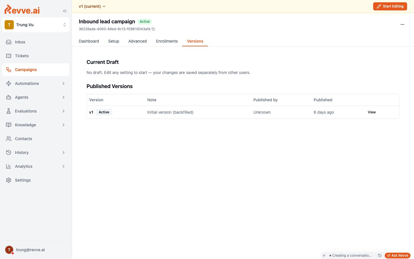 Campaign Versions tab showing the current draft and published version history