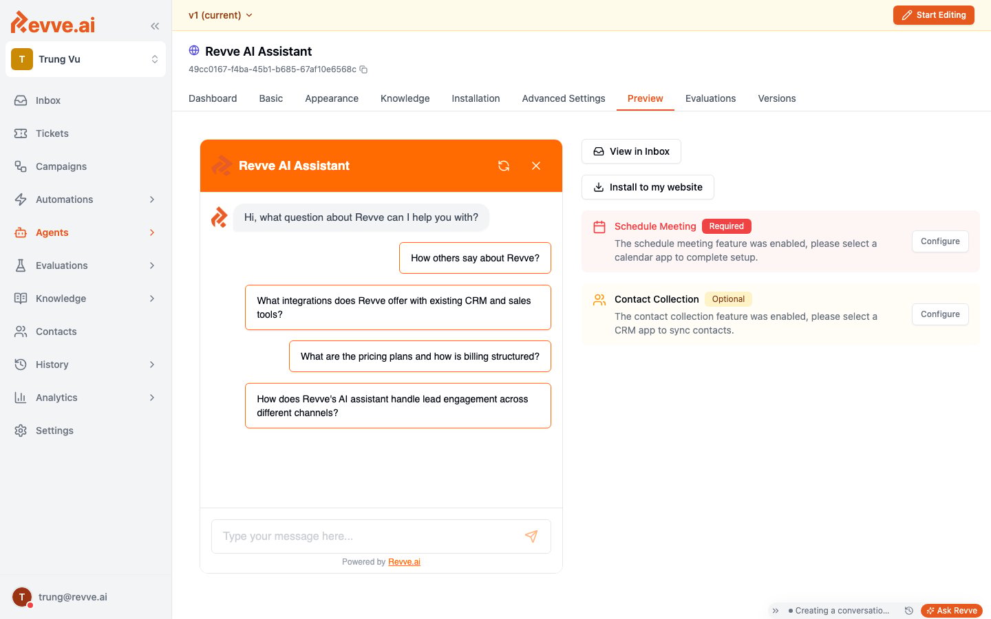 Preview tab showing the live chat widget with generated conversation starters
