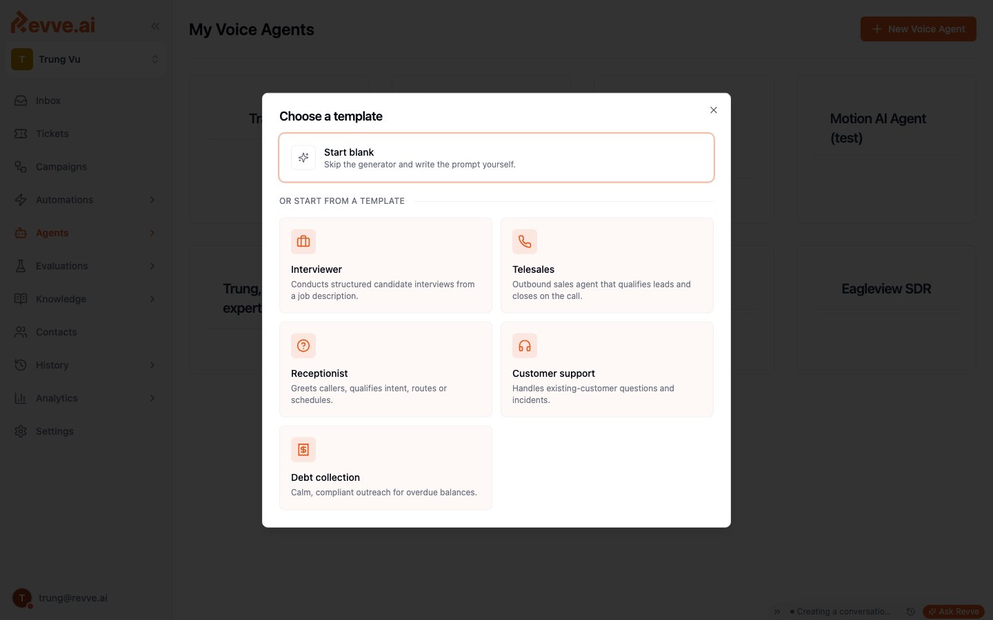 Template picker showing the available Voice Agent templates