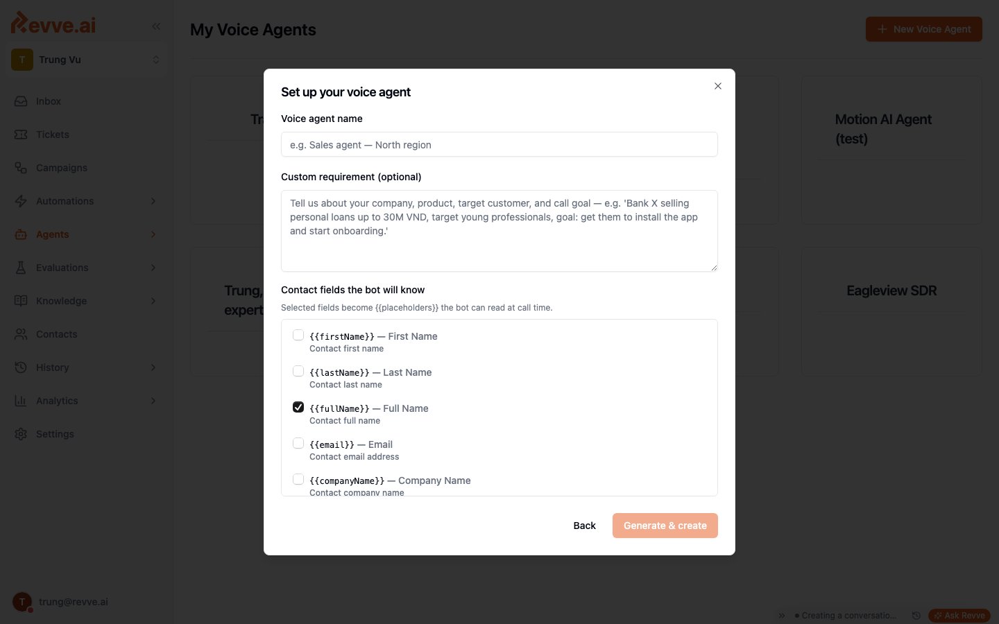 Voice agent setup step with name, custom requirement, and contact field placeholders