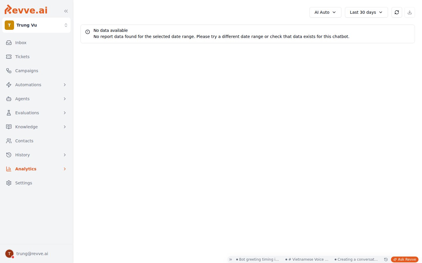 The Chat Agents analytics page controls — chatbot selector, date range, refresh, and export — showing the No data available message for a period with no report data