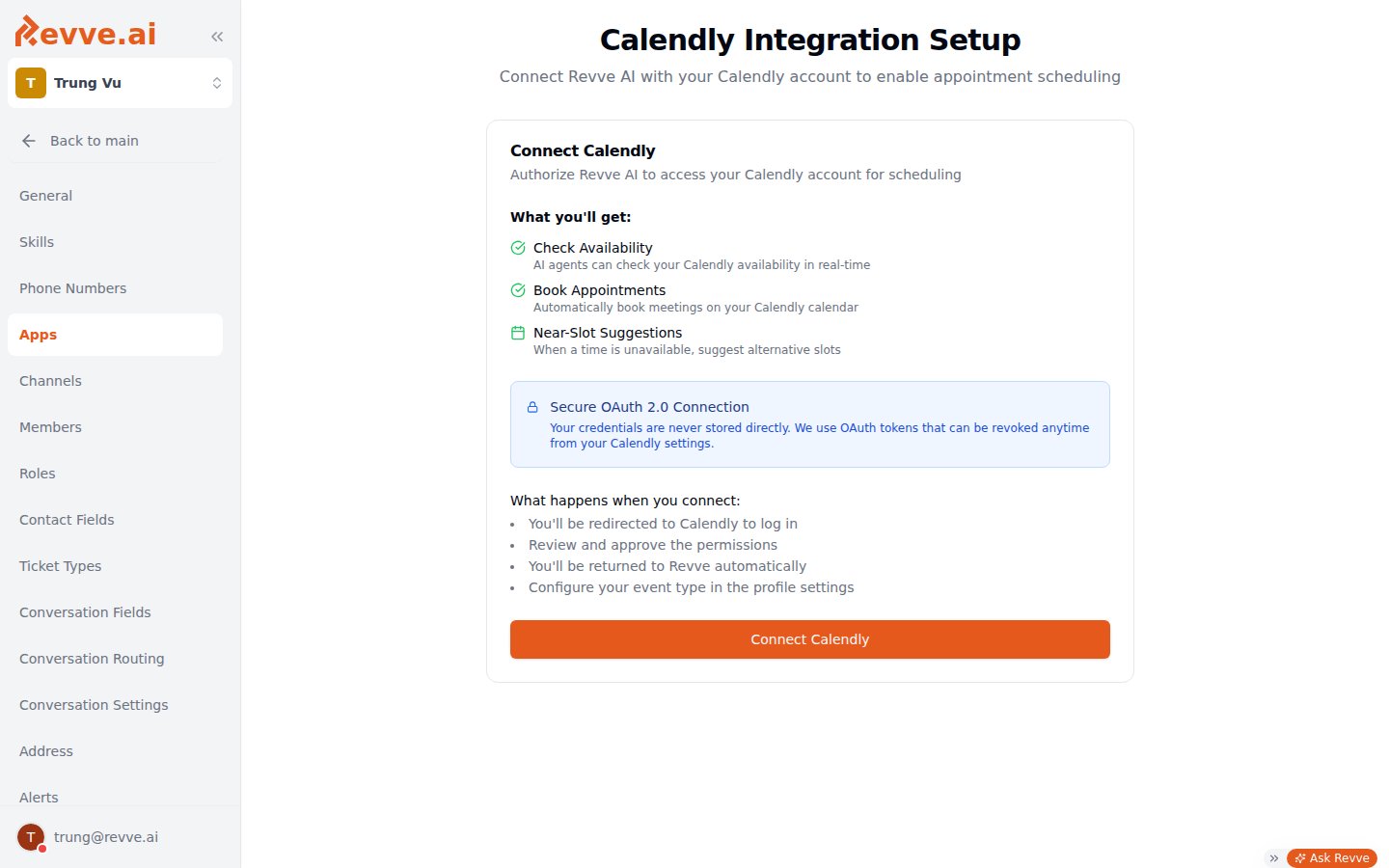 The Calendly Integration Setup page listing the What you'll get capabilities, the OAuth 2.0 security note, and the Connect Calendly button