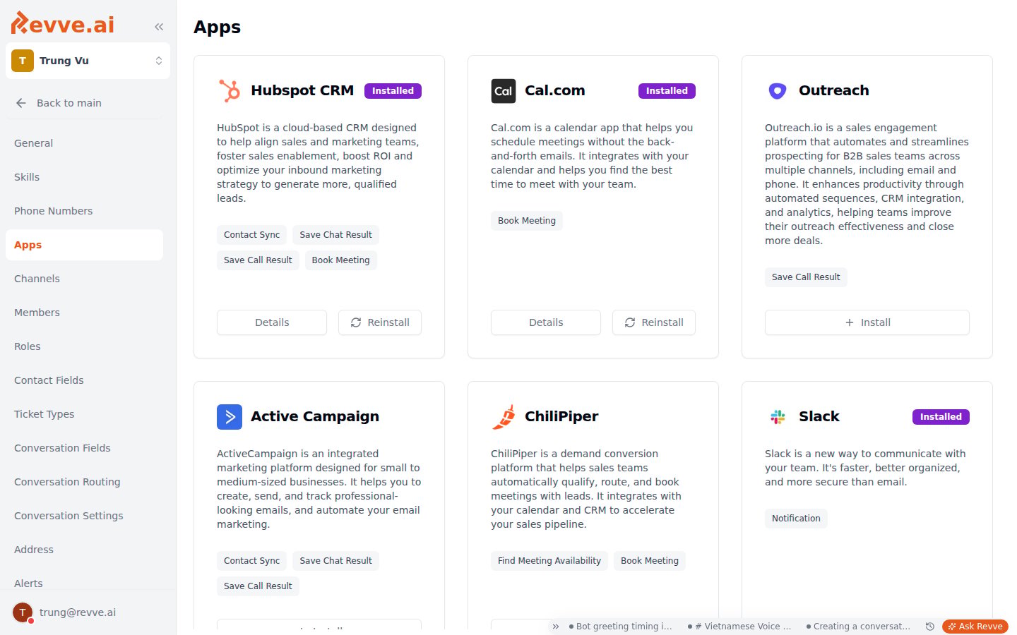 The Apps page card grid, with Installed badges on Hubspot CRM, Cal.com, and Slack, and feature pills such as Book Meeting and Save Call Result on each card