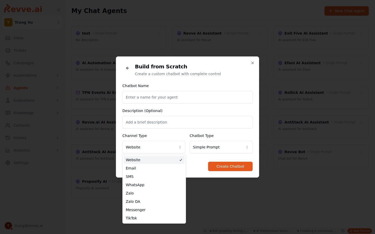 Channel type dropdown when creating a chat agent