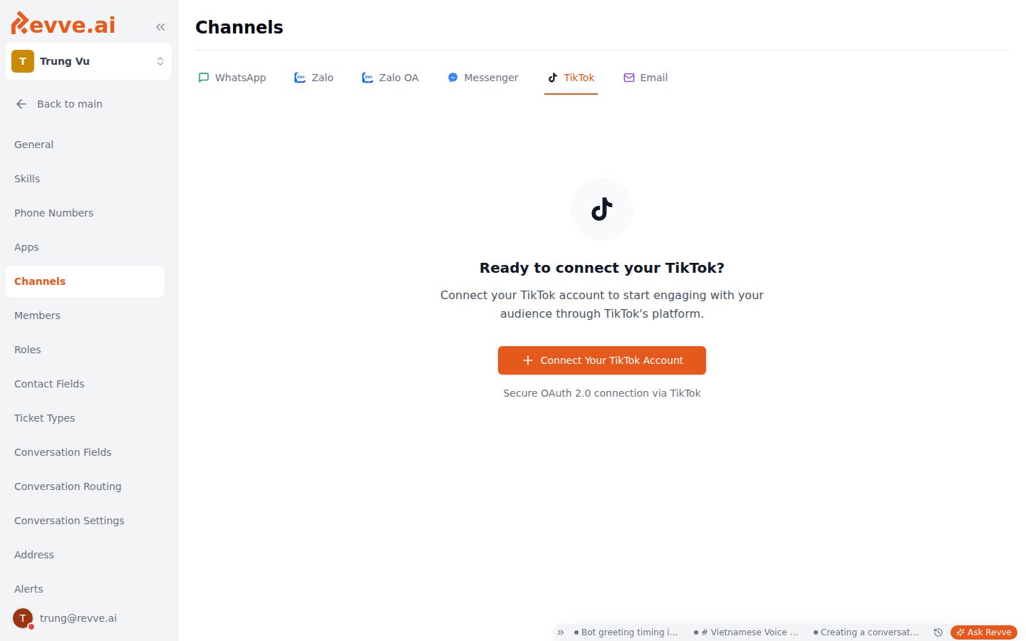 The TikTok tab on the Channels settings page in its empty state, with the Ready to connect your TikTok message and the Connect Your TikTok Account button