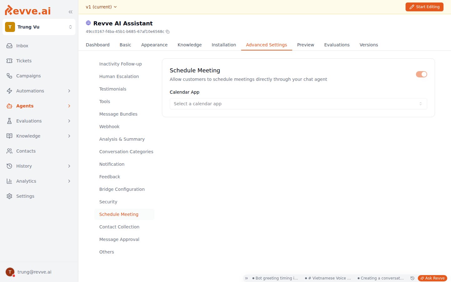 The Schedule Meeting tab in a chat agent's Advanced Settings, with the enable toggle and the Calendar App selector