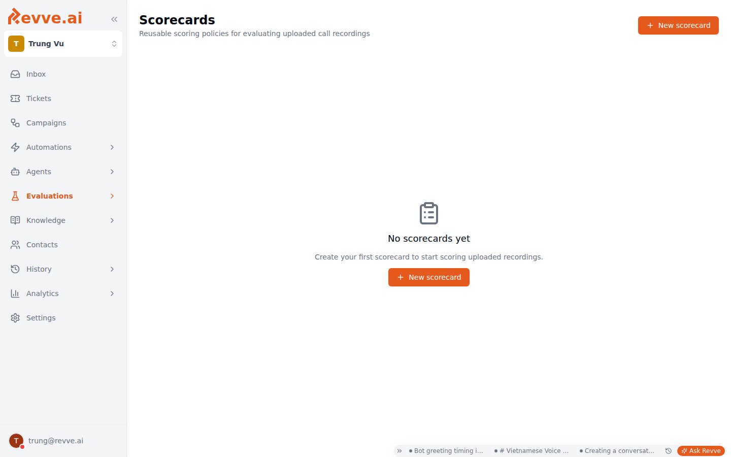 The Scorecards page in its empty state, with the No scorecards yet message and the New scorecard button