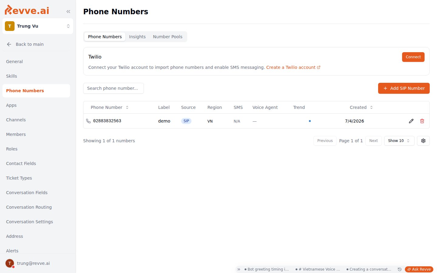 The Phone Numbers tab with the Twilio provider card and the number inventory table showing label, source, region, SMS, voice agent, and trend columns