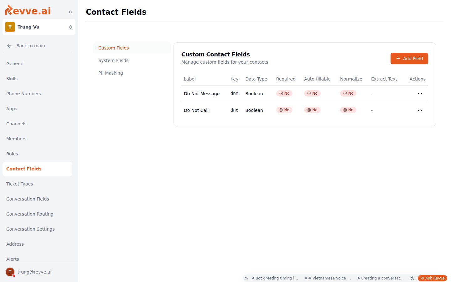 The Contact Fields settings page on the Custom Fields tab, listing custom contact fields with their key, data type, and flags, plus the Add Field button