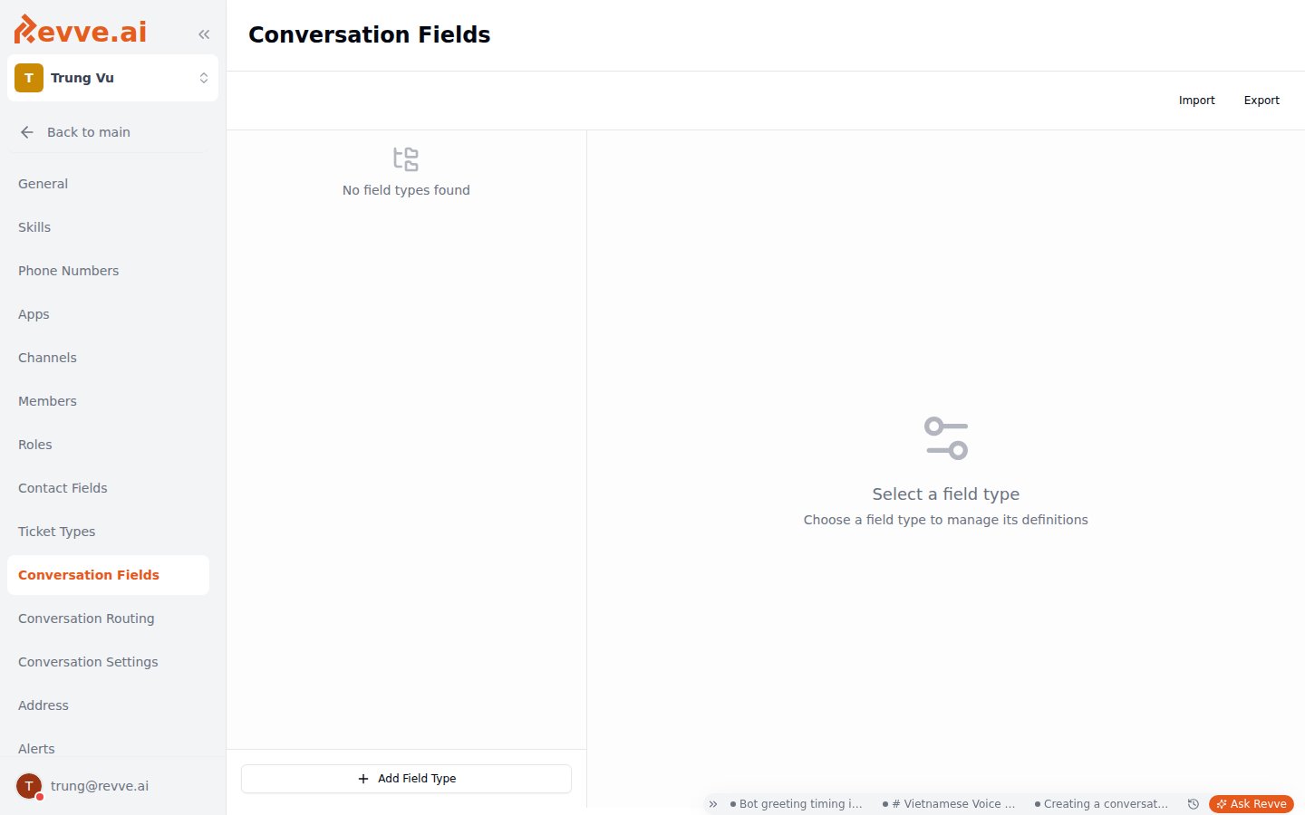 The Conversation Fields settings page with the field-type pane on the left, the definitions pane on the right, and Import and Export buttons in the top bar