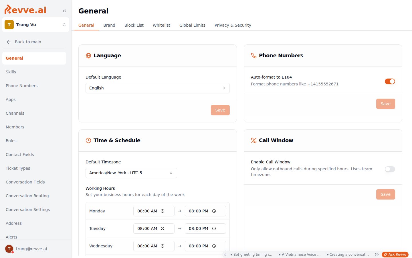 The Settings General tab showing the Language, Phone Numbers, Time & Schedule, and Call Window cards, each with its own Save button