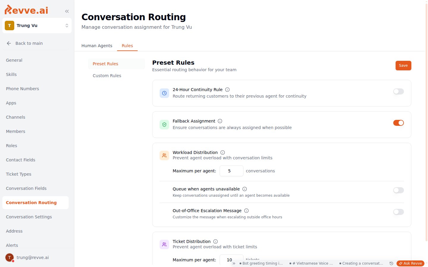The Conversation Routing Rules tab showing the preset rule cards: 24-Hour Continuity Rule, Fallback Assignment, Workload Distribution, and Ticket Distribution