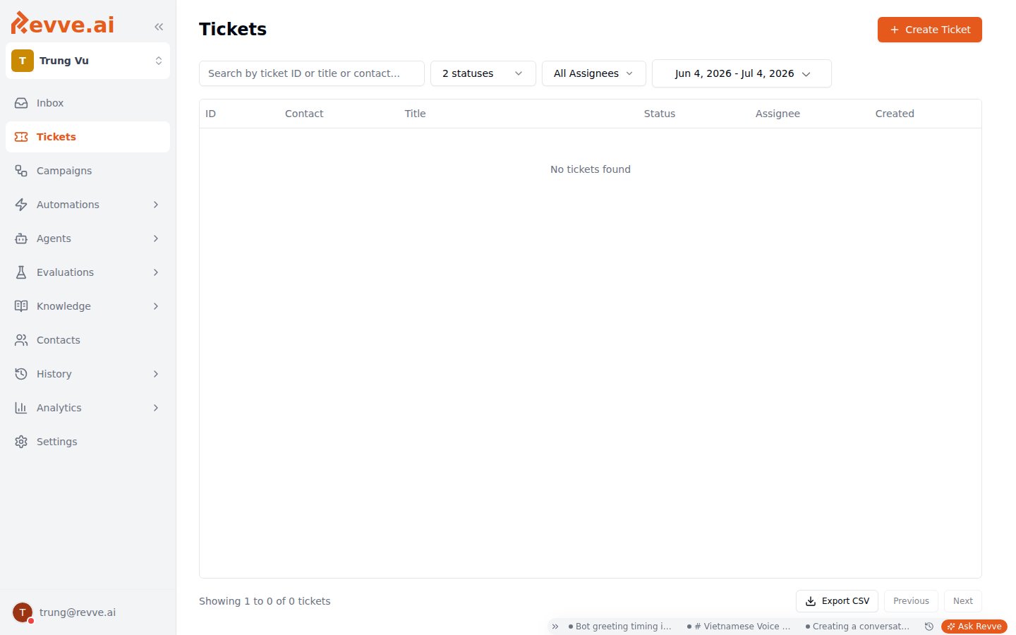 The Tickets page with the search box, status, assignee, and date-range filters above the ticket table, and Export CSV at the bottom